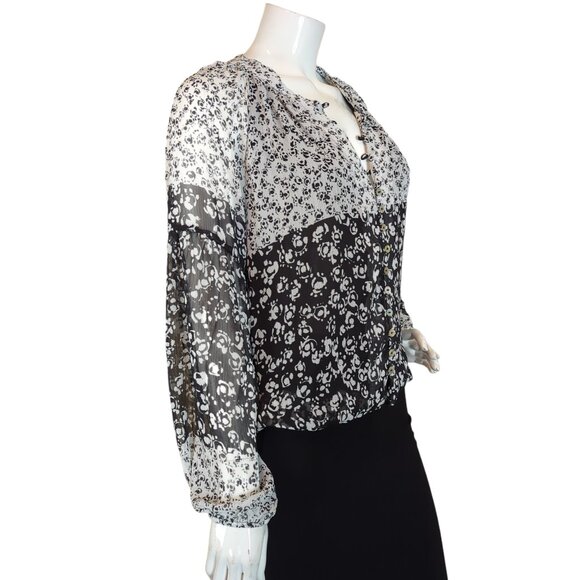 Joie Caillie Black & White Floral Chiffon Peasant Top Blouse Puff Sleeves V-Neck - Picture 6 of 13